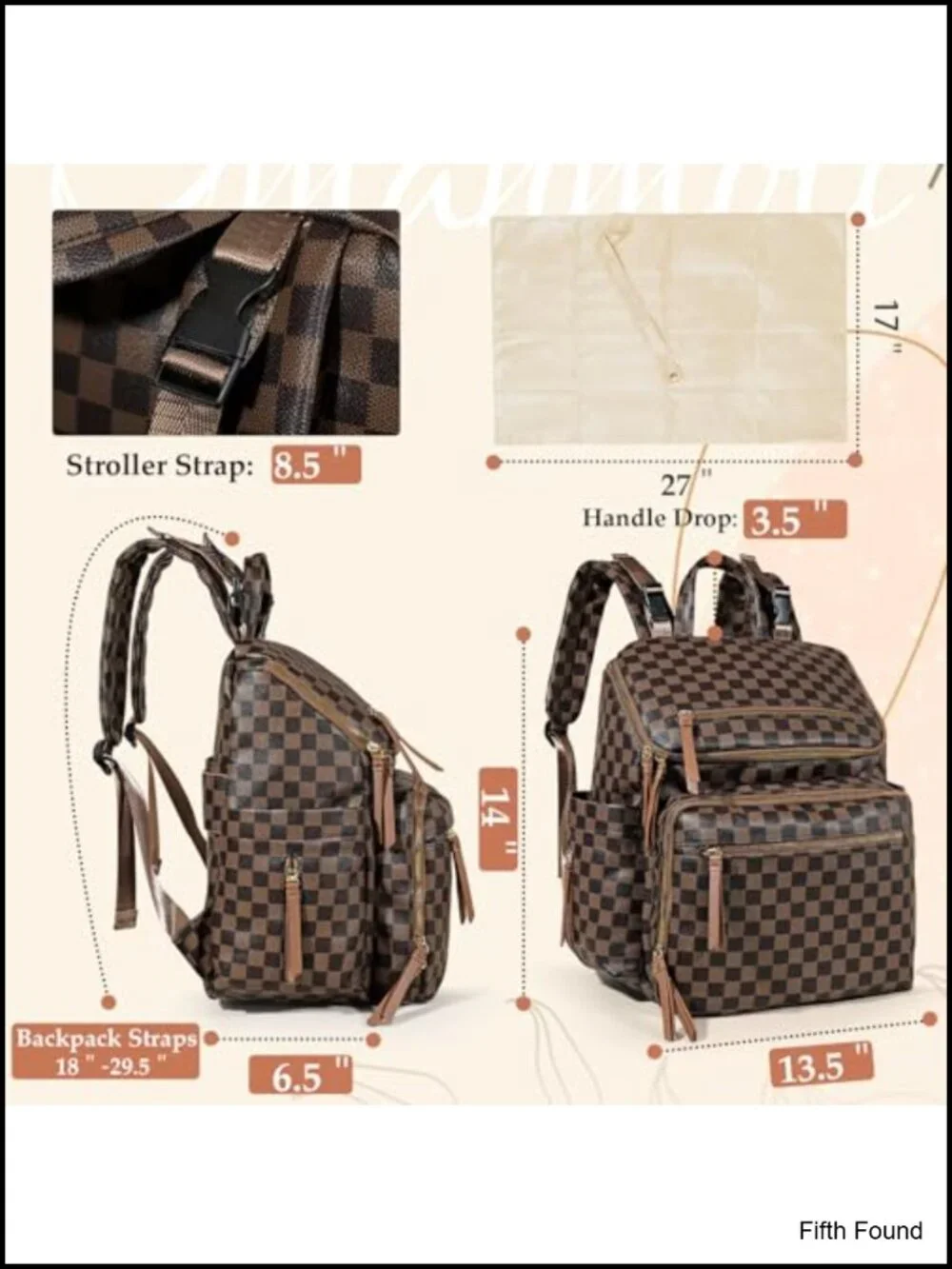 Checkered PU Leather Diaper Bag Backpack with Insulated Pockets, 17 Pockets